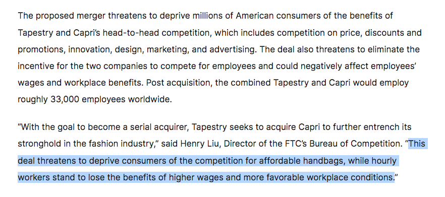 Appears that the FTC will pursue a theory of worker harm (in addition to consumer harm) in its challenge of Tapestry/Capri merger. Follows similar theory of worker harm in its challenge of Kroger/Albertsons merger, and DOJ's successful challenge of Penguin/Simon & Schuster merger