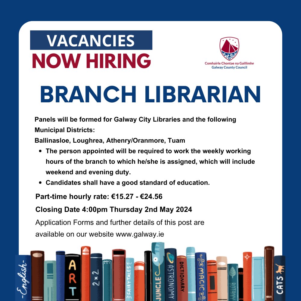 Folúntais/Vacancies: Branch Librarian ➡️ ow.ly/VrWt50RlYXy #gaillimh #galway #jobfairy #worldbookday