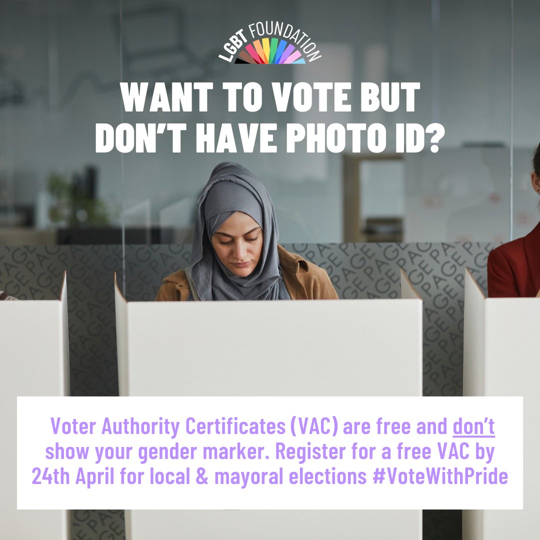 Tomorrow is the deadline to register for a free Voter Authority Certificate. VACs are free and don't show your gender marker. To register for free, visit here - electoralcommission.org.uk/voting-and-ele… #VoteWithPride #localelections #LGBTQ