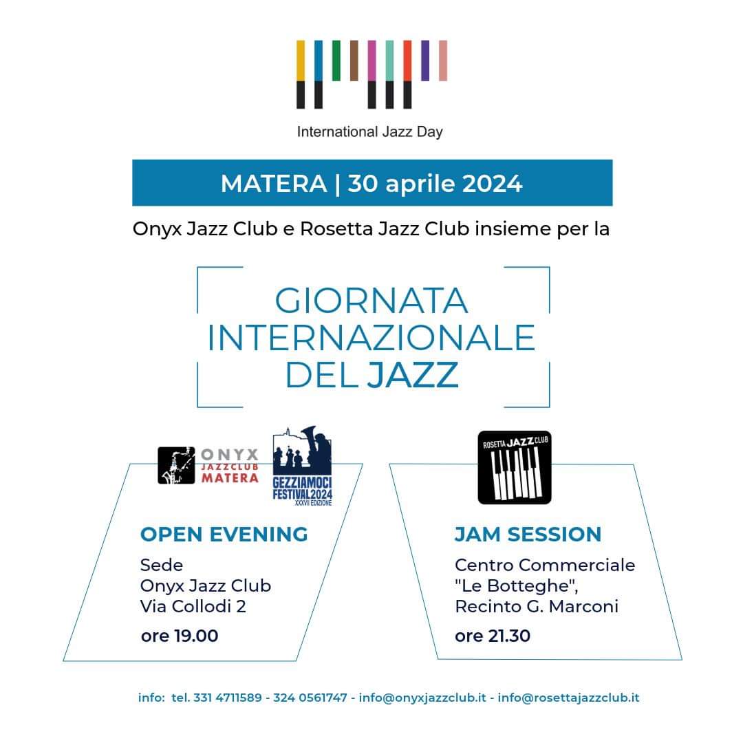 𝐹𝑒𝑠𝑡𝑒𝑔𝑔𝑖𝑎𝑚𝑜 𝑙'𝐼𝑛𝑡𝑒𝑟𝑛𝑎𝑡𝑖𝑜𝑛𝑎𝑙 𝐽𝑎𝑧𝑧 𝐷𝑎𝑦 𝑖𝑛 𝑐𝑜𝑙𝑙𝑎𝑏𝑜𝑟𝑎𝑧𝑖𝑜𝑛𝑒 𝑐𝑜𝑛 𝑂𝑁𝑌𝑋 𝐽𝐴𝑍𝑍 𝐶𝐿𝑈𝐵...
𝑣𝑒𝑛𝑖𝑡𝑒 𝑎 𝑡𝑟𝑜𝑣𝑎𝑟𝑐𝑖.

Onyx Jazz Club Matera
