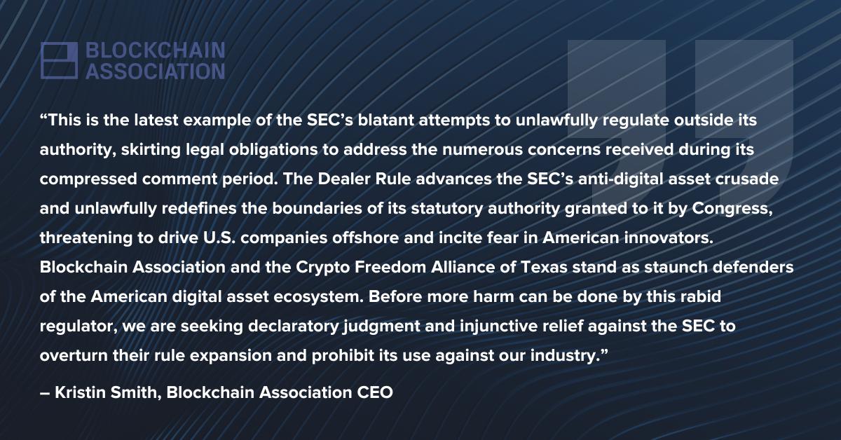 Today, BA and CFAT filed a suit against the SEC asking the court to strike down their arbitrarily applied and unclear Dealer Rule expansion. This rule stifles innovation, harms the burgeoning digital asset industry, and emboldens the SEC to lead by unwritten rules and guidance.…