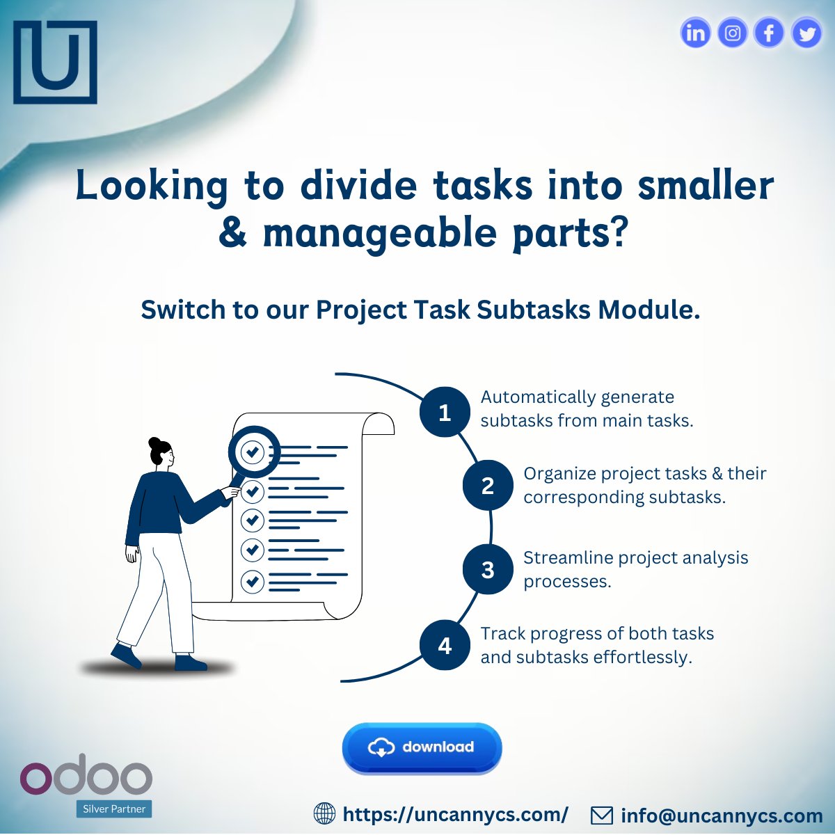 Calling all the managers!

Break down all your complex task into manageable ones with our Project Task Subtasks module.
apps.odoo.com/apps/modules/1…

#Uncannycs #ProjectManagement #TaskManagementTips #Subtasks #ProductivityTips #Efficiency #Managers #breakdowncomplexity