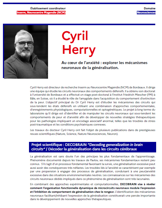 Inserm Nouvelle-Aquitaine (@insermna) on Twitter photo 🎉Félicitations à <a href="/CyrilHerrylab/">Cyril Herry Lab</a> (UMR 1215), lauréat du programme "Chaires d'excellence en Biologie Santé" dans le cadre #France2030 pour son projet DECOBRAIN !
➡️bit.ly/3Jxuohk 🎉Félicitations à <a href="/CyrilHerrylab/">Cyril Herry Lab</a> (UMR 1215), lauréat du programme "Chaires d'excellence en Biologie Santé" dans le cadre #France2030 pour son projet DECOBRAIN !
➡️bit.ly/3Jxuohk