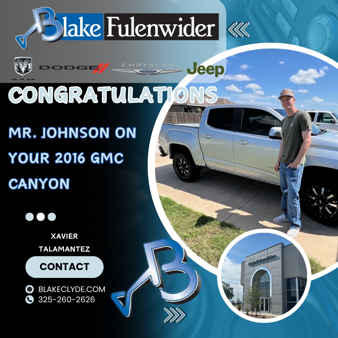 Congratulations, Mr. Johnson on your 2016 #GMCCanyon 
bought over the weekend. We appreciate your business! 

If you are on the hunt for a new vehicle, come see Xavier Talamantez! 👍 

🖥️ Website link: bit.ly/3SvIV2Z 

#BlakeFulenwiderClyde #FulenwiderFamily #BFFAuto