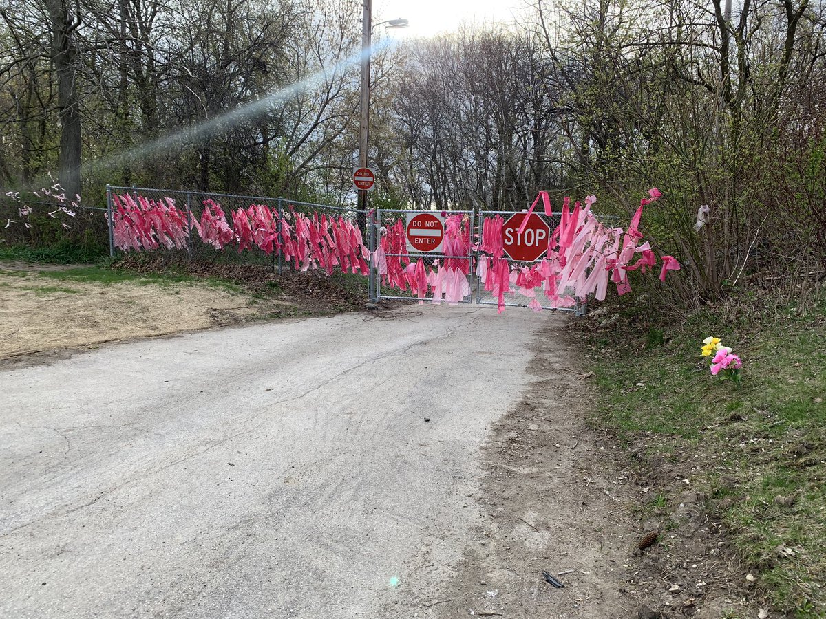 Pink ribbons and flowers line the fence near the pump house at Warnimount Park in Cudahy. This is the area where a passerby first found Sade Robinson’s severed leg. Maxwell Anderson is charged with killing and dismembering her. The latest: wisn.com/article/dna-re…
