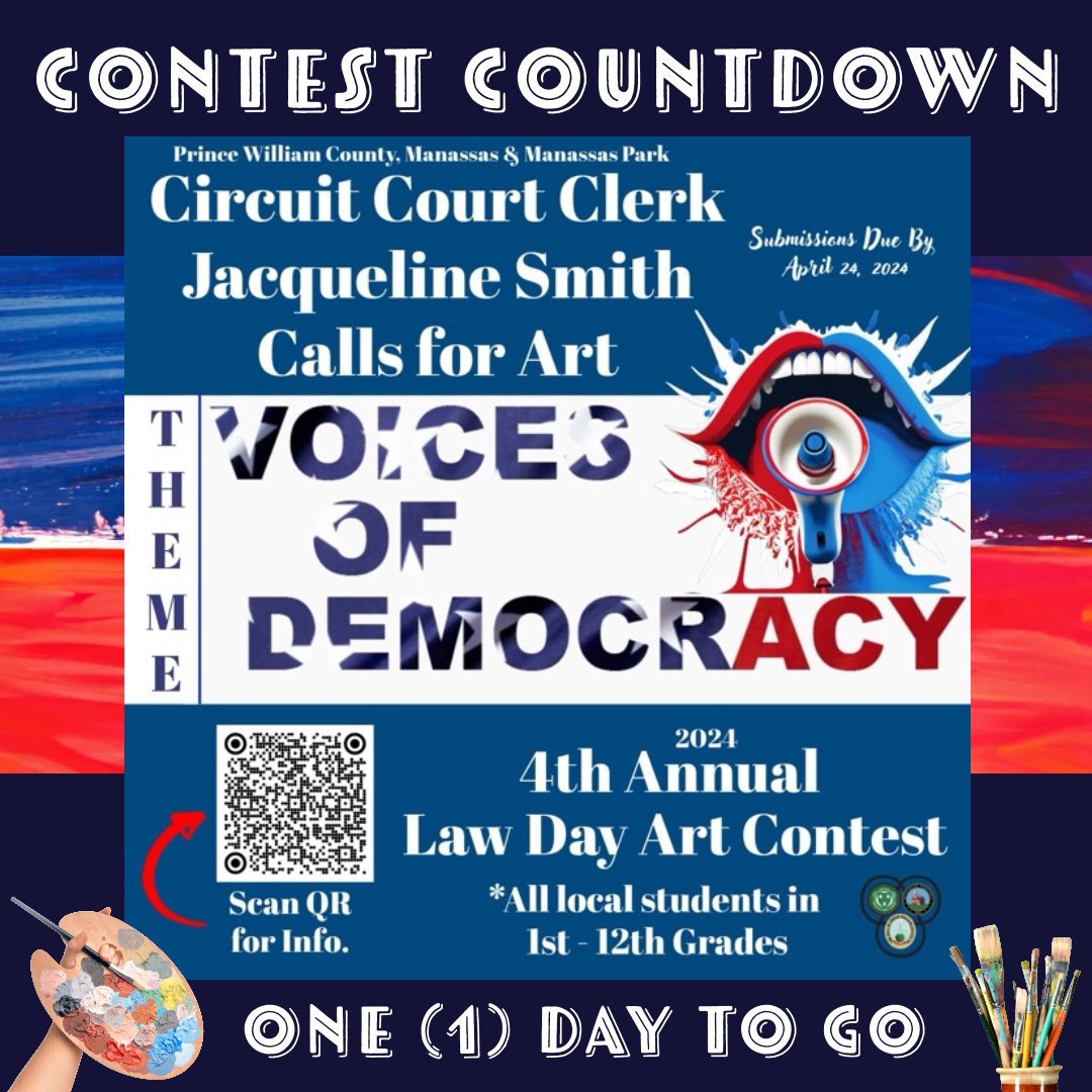 Attention all Student artists! ONE DAY left to submit your student artwork for our 4th Annual Law Day Art Contest. Due By: April 24, 2024. Get those creative juices flowing and show us your illustrations of 'Voices of Democracy' 🇺🇸 #LawDayArtContest #VoicesofDemocracy