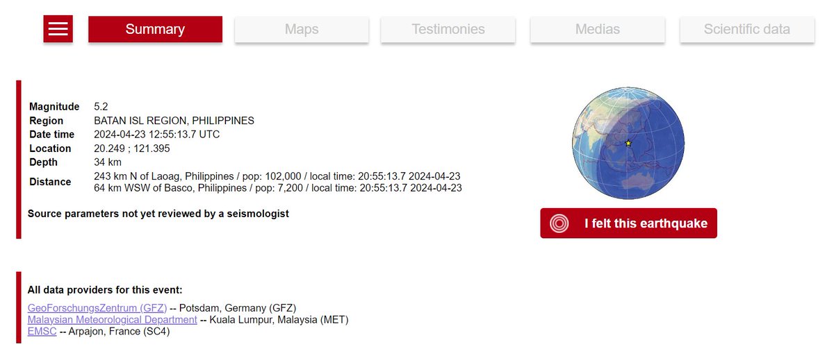 InfoEarthquakes's tweet image. 🇵🇭 An #earthquake (#lindol) happened near #Basco, #Philippines at 12:55:13PM on 23/04/2024 UTC. The earthquake had a magnitude of M5.2 and it was 34km (21.12 miles) deep in the ground. Stay safe! #sismo #quake 

Site Used: cutt.ly/2w6iB6Nx
Information from EMSC.