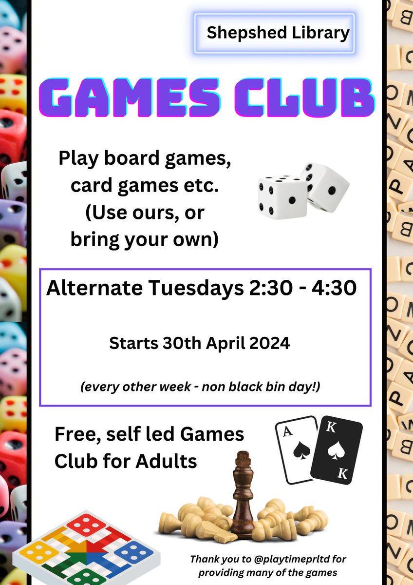 NEW - STARTING SOON! Games Club at Shepshed Library - all the details are in this poster! A special thank you to @playtimeprltd for providing many of the games #shepshedlibrary #boardgames #cardgames