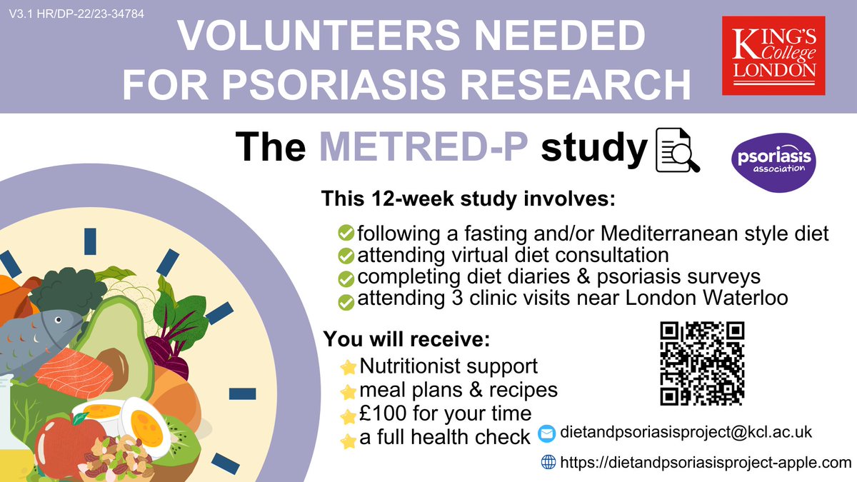 Take part in the METRED Study! 🥕🥦 This is a clinical trial evaluating the effects of different dietary patterns in people living with #psoriasis. Find out more here ow.ly/1Qo250OmiFA