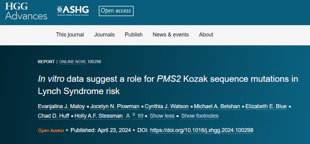 📢New from @HollyStessman & colleagues 📰In vitro data suggest a role for PMS2 Kozak sequence mutations in Lynch Syndrome risk 👉bit.ly/3Jx2EJS