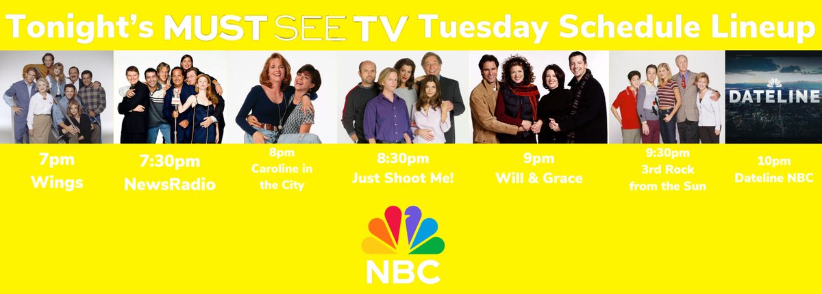 Here’s what’s coming up on tonight’s #MustSeeTV Tuesday we got #Wings, #NewsRadio, #CarolineInTheCity, #JustShootMe, #WillAndGrace, #3rdRockFromTheSun and a bonus news #DatelineNBC so watch it on #NBC starting at 7pm! 🙂😎🕶️🛋️📺
#WingsTV #3rdRock @DatelineNBC @nbc #NBCTV