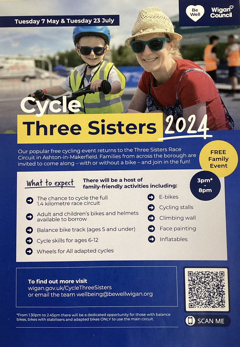 🚲 FREE Cycling Event 🚲 📅 Tues 7th May & Tues 23rd July 🕰️ 3pm - 8pm At the Three Sisters Race Course, A-in-M. Fun for all the family! @QUESTtrust @threesistersgrp @CEO__Quest #TeamAbram #Quest #GetActive