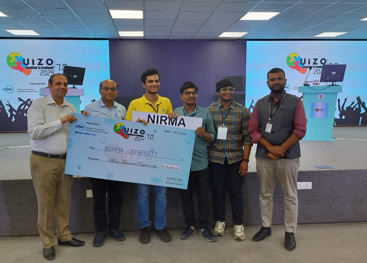 Team Nirma University shines at ASHRAE QUIZO-2024, securing 1st Runner-up! Kudos to ASHRAE Student Branch & mentor Dr. Balkrushna A. Shah. #NirmaUniversity #ASHRAEQUIZO2024 #Quiz #Competition #TechnicalQuiz #HVACR #TeamWork #NirmaUni