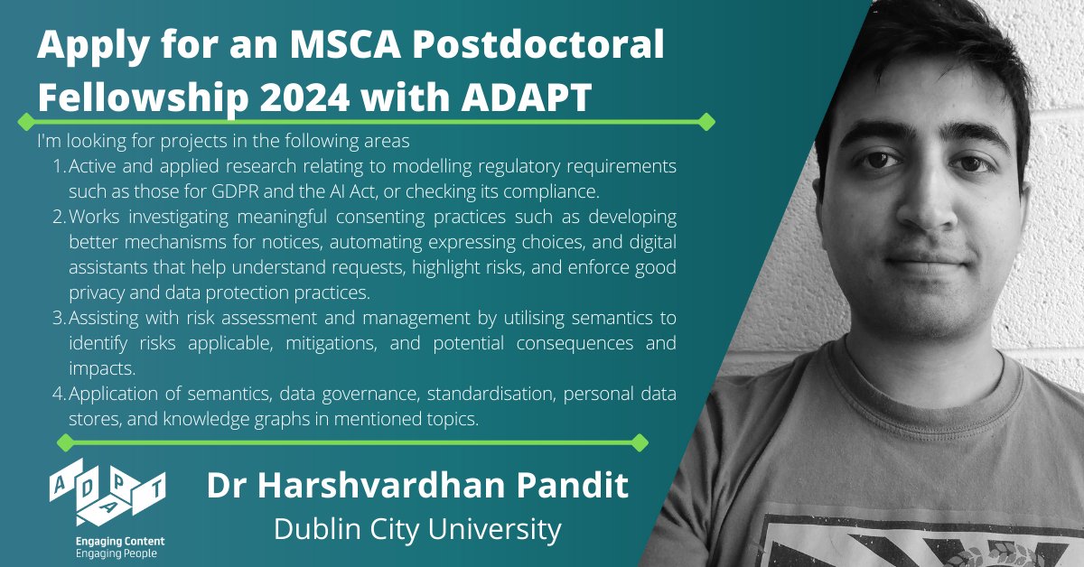 📢 ADAPT invites expressions of interest for exciting 2-year European #Postdoctoral #Fellowships under #HorizonEurope @MSCActions. Elevate your #career and #competitiveness! Interested? Apply now: adaptcentre.ie/careers/msca-p… Your shares are greatly appreciated! #GDPR