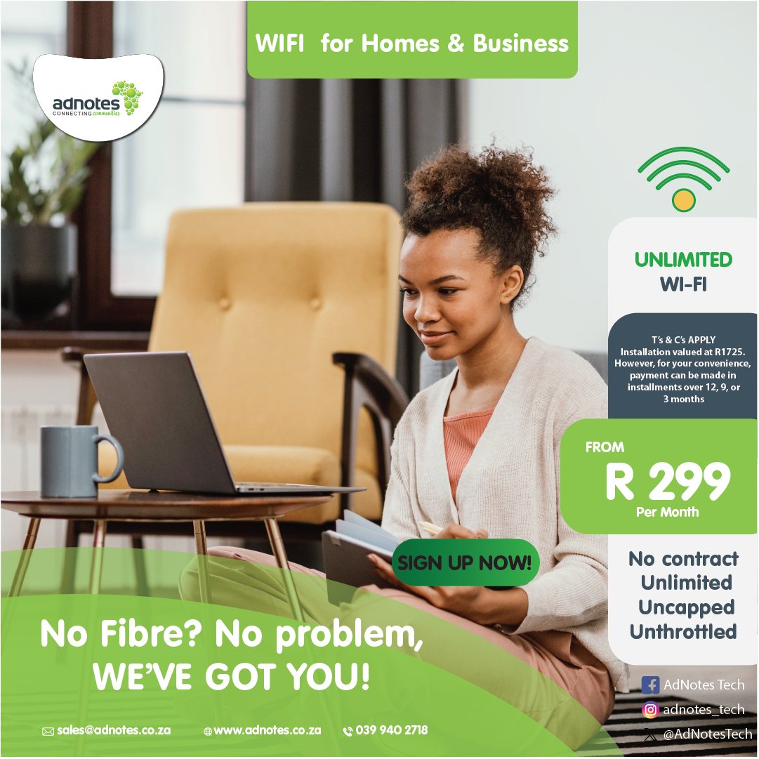 Get ready to surf the web like a pro! Dive into endless streaming, seamless downloads, and non-stop browsing with adnotes.co.za. No contracts, just pure connectivity bliss. Sign up today and upgrade your internet game! 🚀💻 #UnlimitedFun #NoContracts #AdNotes #Wifi