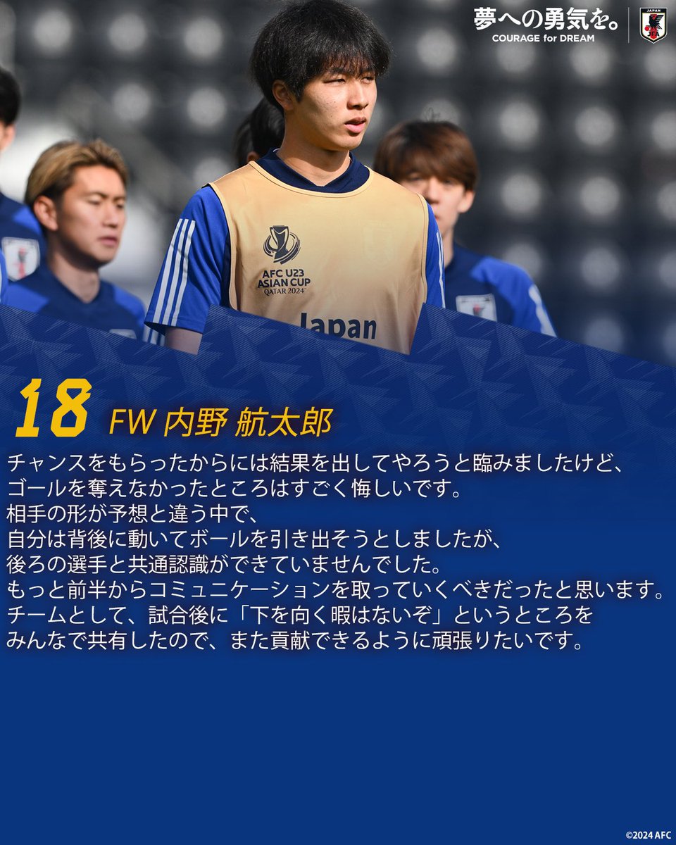 🔹U-23日本代表🔹 【2024.4.22 試合後コメント✍️】 18 FW #内野航太郎 🔽選手コメントはこちら jfa.jp/national_team/… ⚔️NEXT MATCH⚔️ 🏆AFC U23 #アジアカップ カタール2024 ⚔️準々決勝 🗓️4.25(木) ⌚️23:00(🇯🇵) 🆚U-23カタール代表🇶🇦 🏟Jassim Bin Hamad Stadium(カタール) 📺#NHK