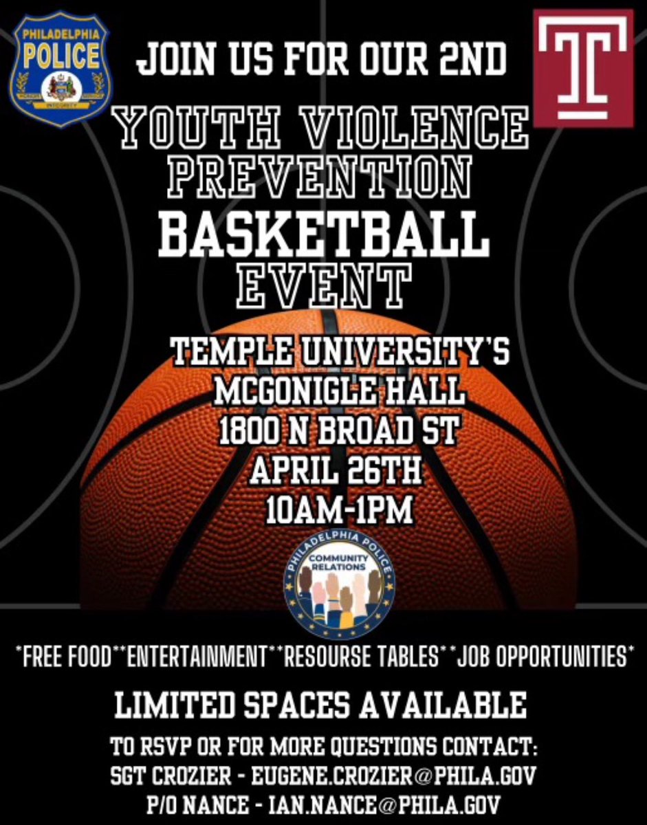 Join the Philadelphia Police Department this Friday for their 2nd annual Youth Violence Prevention basketball event! Before the event commences, there will be a special tribute to Sgt. Christopher Fitzgerald. Location: 1800 N Broad St (Pearson/McGonigle) Start Time: 10am All…