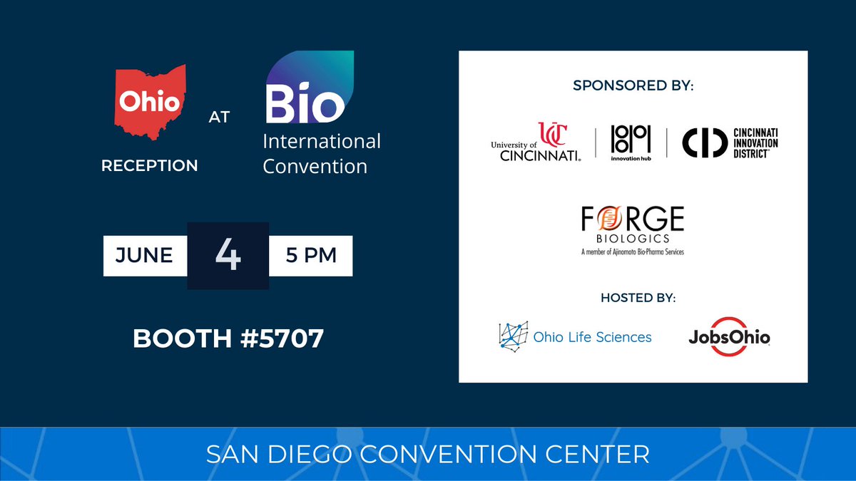 Ohio Life Sciences (@ohiolifescience) on Twitter photo Going to #BIO2024 in San Diego, CA? Join us in the Ohio Pavilion (booth #5707) on 6/4 @ 5 pm PDT for drinks, light appetizers, & mingling. Meet representatives from the <a href="/uofcincy/">University of Cincinnati</a> /<a href="/1819Innovation/">1819 Innovation Hub</a> Hub and <a href="/ForgeBio/">Forge Biologics</a> tinyurl.com/45xsyewe
#Convene #OhioLifeSciences #Innovate Going to #BIO2024 in San Diego, CA? Join us in the Ohio Pavilion (booth #5707) on 6/4 @ 5 pm PDT for drinks, light appetizers, & mingling. Meet representatives from the <a href="/uofcincy/">University of Cincinnati</a> /<a href="/1819Innovation/">1819 Innovation Hub</a> Hub and <a href="/ForgeBio/">Forge Biologics</a> tinyurl.com/45xsyewe
#Convene #OhioLifeSciences #Innovate