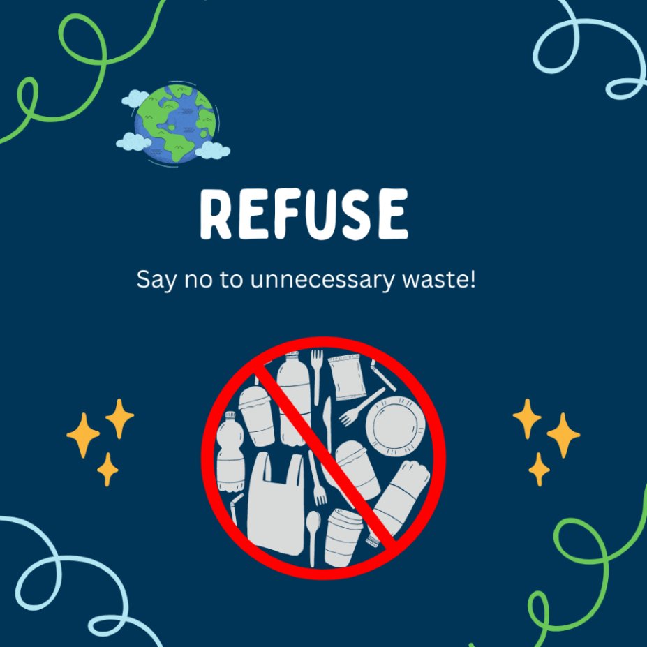 🌱 Earth Week Challenge Day 2

Refuse: 🚫 Say NO to unnecessary waste! Challenge yourself to refuse single-use items

like straws or plastic bags. Every refusal is a step towards a cleaner planet! 💚 #Refuse

#EarthWeek