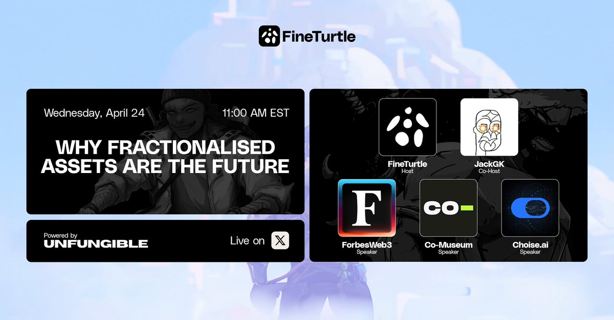 FineTurtleNFT's tweet image. Why Fractionalised Assets Are The Future.

Join us this Wednesday alongside our panelists @JackGK_BTC @ForbesWeb3 @co_museum @ChoiseAi 

⏰April 23, 11 AM EST

Set your reminders👇