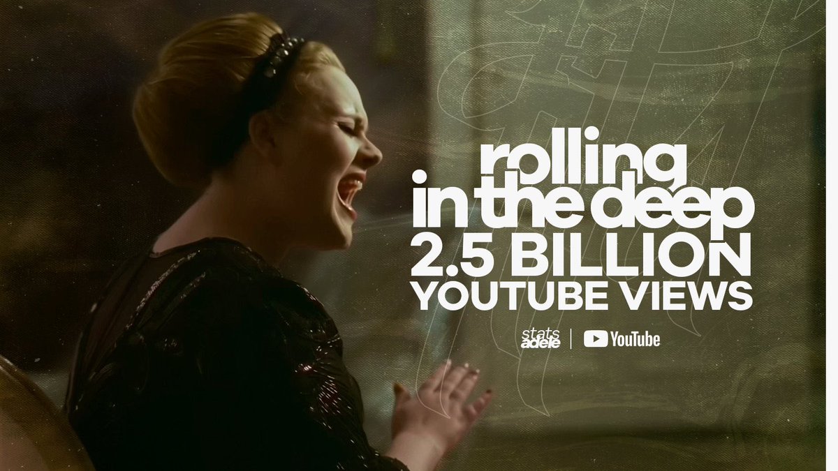 “Rolling In The Deep” has now over 2.5 billion views on YouTube. This is @Adele’s 2nd and the 10th most watched solo female video of all-time.