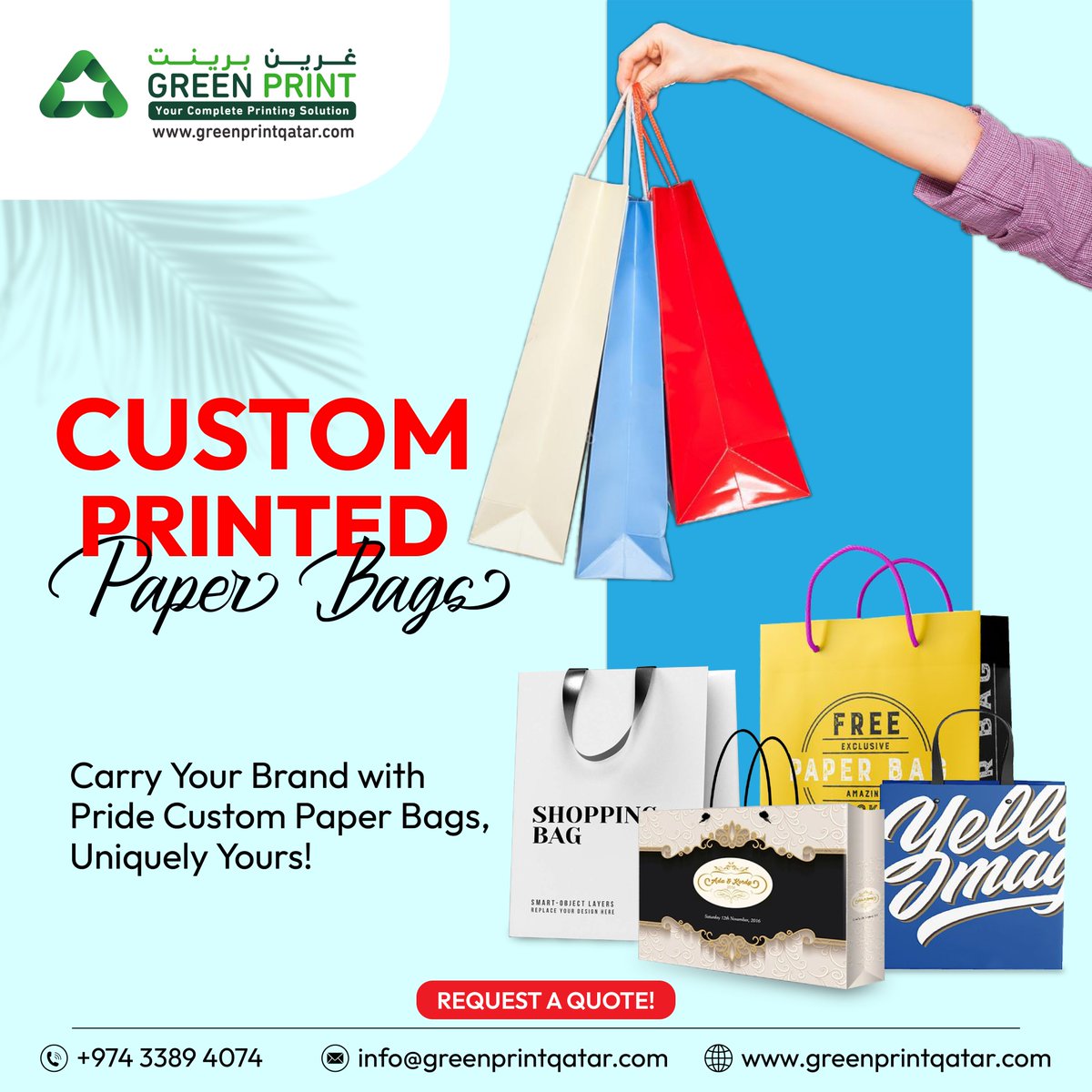 Carry Your Brand With Pride Custom Paper Bags, Uniquely Yours!

Get a quote at greenprintqatar.com

For More Deals brandscape.shop

For more Inquiries Contact
33894074

#paperbags #packagingbags #custompaperbag #printedpaperbag #brandingdesign #printing #Qatar