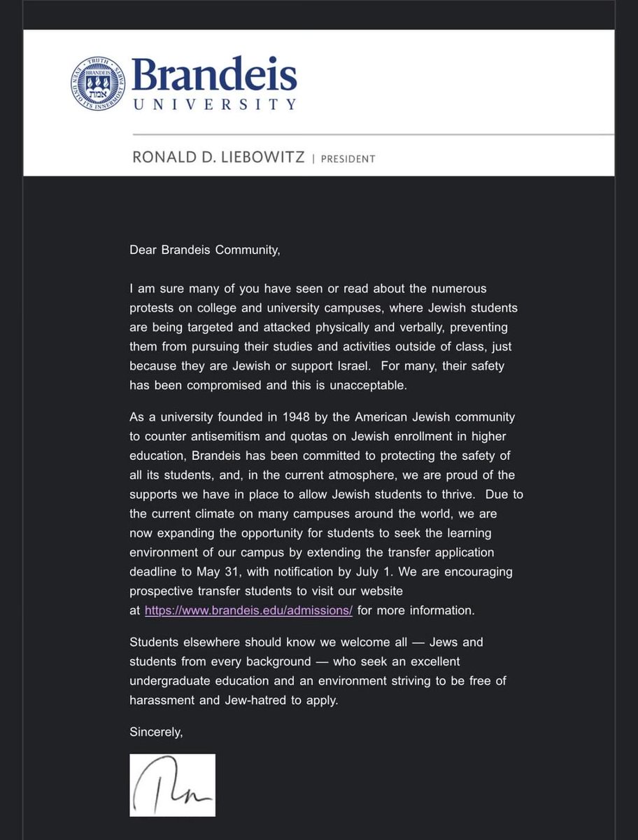 Proud of my alma mater ⁦@BrandeisU⁩ for meeting the moment & stepping up to be a refuge for Jewish students concerned about antisemitism on their college campus. This is the core rationale for Brandeis’s existence, and sadly, it has to play that role again. I’m glad it is.