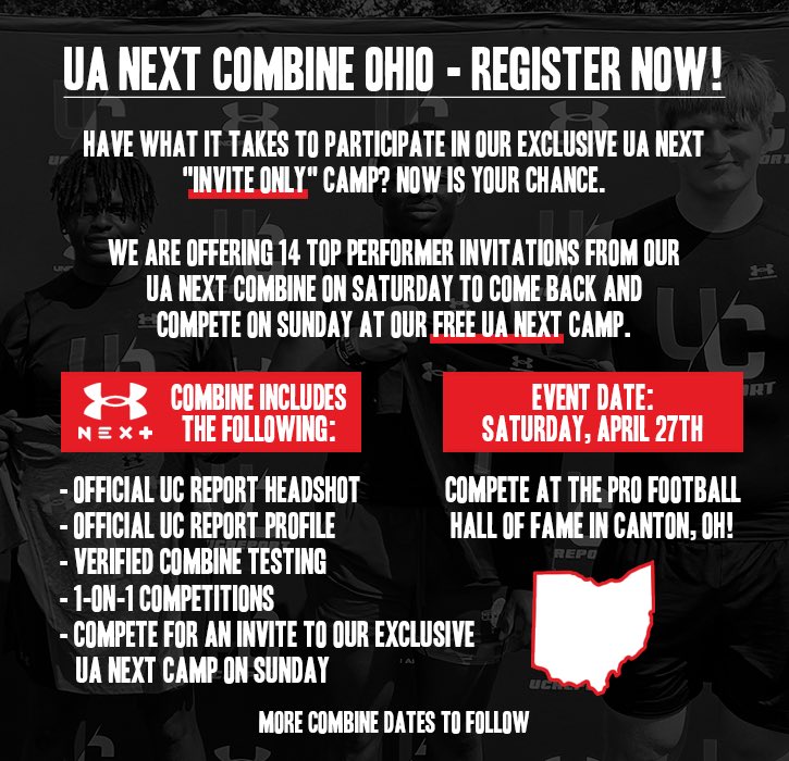 There’s still time to register for the UA Next Combine in Ohio this Saturday 💪 Hosted at the Pro Football Hall of Fame, this is an opportunity to compete and earn an invite back to the free Under Armour Next Camp on Sunday‼️ #UANext REGISTER: register.allamericafootball.org/site/register/…