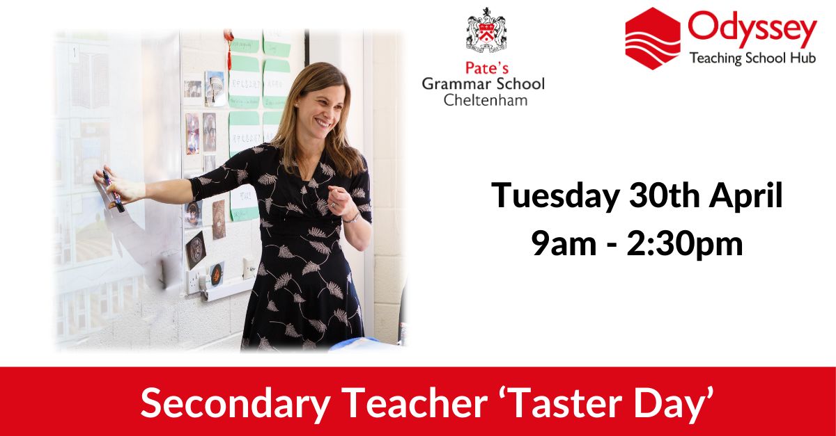 Odyssey Teaching School Hub (@odysseytshub) on Twitter photo Join us for a Taster Day at Pate's Grammar School
to find out more about training to teach in Gloucestershire.
Email admin@odysseytsh.org to book your place
#traintoteach #getintoteaching #cheltenham #gloucester #tewkesbury #forestofdean #gloucestershire Join us for a Taster Day at Pate's Grammar School
to find out more about training to teach in Gloucestershire.
Email admin@odysseytsh.org to book your place
#traintoteach #getintoteaching #cheltenham #gloucester #tewkesbury #forestofdean #gloucestershire