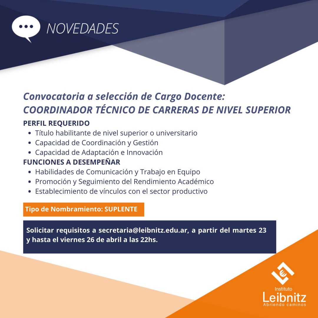 LeibnitzVM's tweet photo. Convocatoria a selección de Cargo Docente:
COORDINADOR TÉCNICO DE CARRERAS DE NIVEL SUPERIOR📝⏰👆 https://t.co/y0Vr5Cjo00