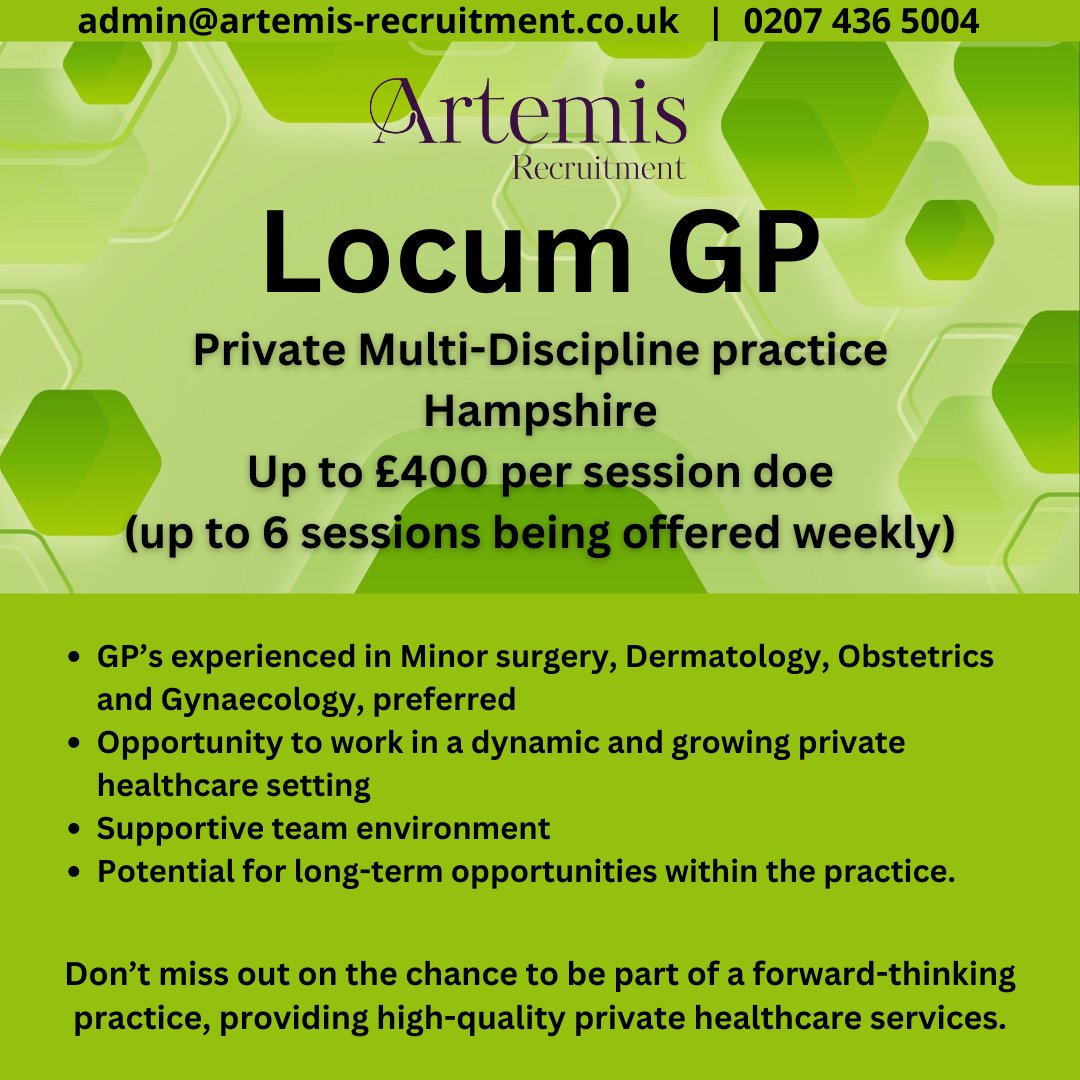 artemisrec's tweet image. Join this established practice in Hampshire as a Locum GP. Competitive rates, flexible hours, and a supportive work environment. Don't miss out on this opportunity to grow your career and make a difference in the community.
#locumgp #GP #minorsurgery #dermatology #hampshire