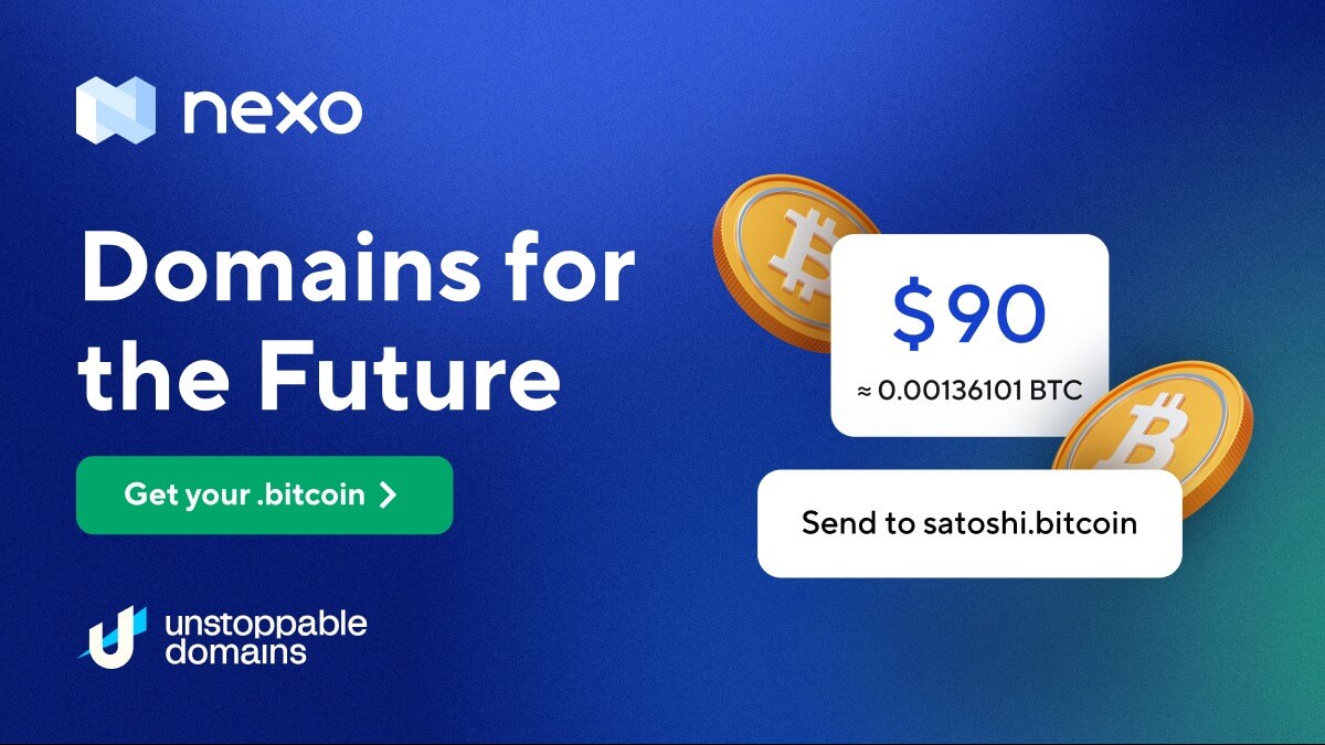 Nexo (@nexo) on Twitter photo .bitcoin much?
Teaming up with <a href="/unstoppableweb/">Unstoppable Domains</a> for a #BitcoinHalving special: purchase & mint your own .bitcoin domain.
🎭 Build your decentralized digital identity
🔒 Share data on your own terms
💫 Send & receive #crypto with ease
Welcome to #Web3 with this limited-time .bitcoin much?
Teaming up with <a href="/unstoppableweb/">Unstoppable Domains</a> for a #BitcoinHalving special: purchase & mint your own .bitcoin domain.
🎭 Build your decentralized digital identity
🔒 Share data on your own terms
💫 Send & receive #crypto with ease
Welcome to #Web3 with this limited-time