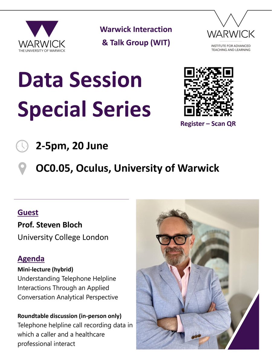 Join us for 4 very hands-on spoken data analysis workshops! With @IATL_Warwick, we are delighted to have Dr.Gareth Walker, Prof.Steve Walsh, Prof.Paul Seedhouse, Prof.@steven_bloch to share their practical experiences, tips and actual data. Registration info in posters ✍🏻. #EMCA