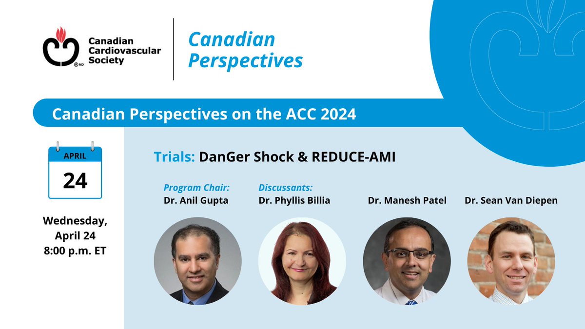 Tomorrow at 8 PM ET, join program chair and moderator @RealAnilGupta for Part 1 of Canadian Perspectives on the ACC 2024. Trials covered include DanGer Shock and REDUCE-AMI, with discussants @FilioBillia, @manesh_patelMD & @seanvandiepen. Register now: register.gotowebinar.com/register/10657…