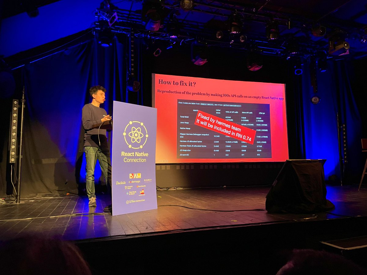 This was a thrilling talk by @_Maelg at @ReactNativeConn about debugging a seriously hidden memory problem on React Native TV. Kudos to the Hermes team on the fix!