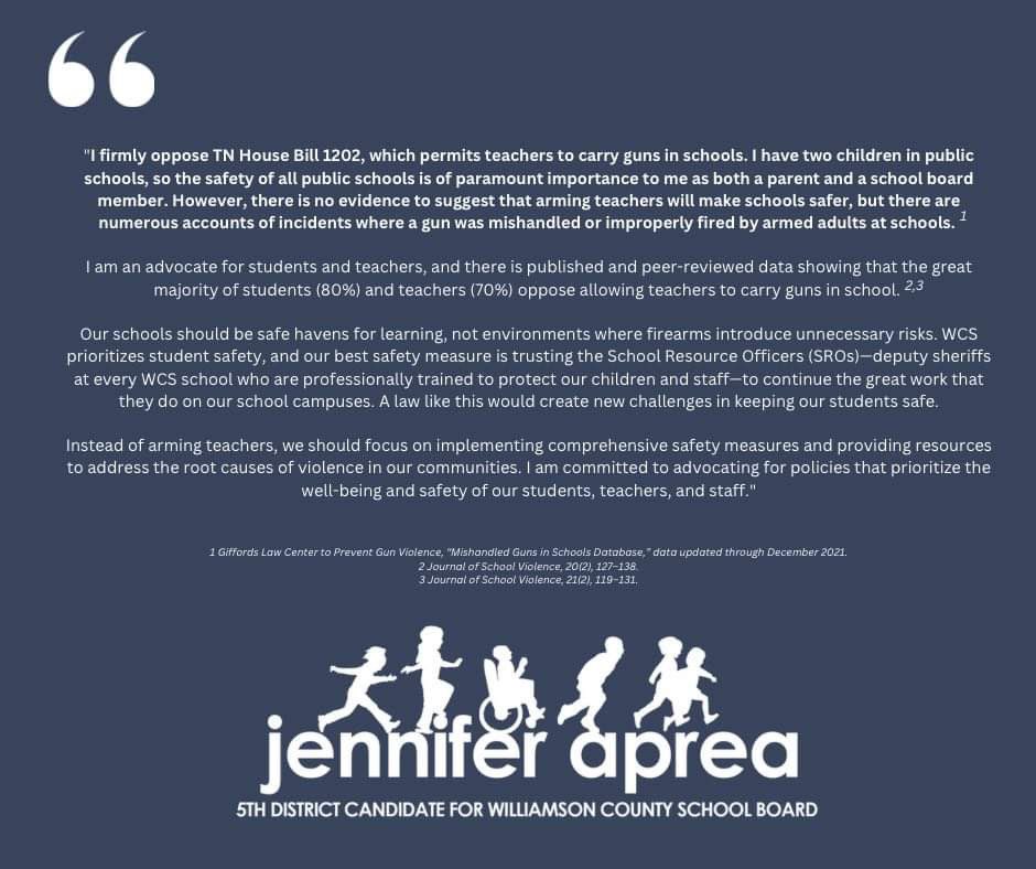 This is an easy position to take. I hope the #tnleg will listen to the majority of their constituents (especially teachers and parents) and vote no on putting more guns in our schools.