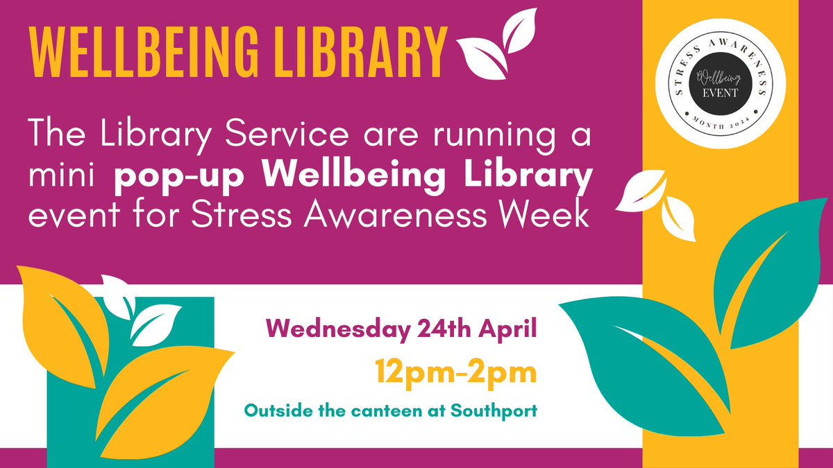 MWLNHSLibrary's tweet photo. As part of #StressAwarenessMonth, the Library will be holding a pop-up Wellbeing Library outside the canteen at Southport Hospital 🌻 Come along, browse and borrow a book... we have handouts on wellness and giveaways too!
#TeamMWL #Wellbeing #PopUpLibrary https://t.co/bIzlQEdklO