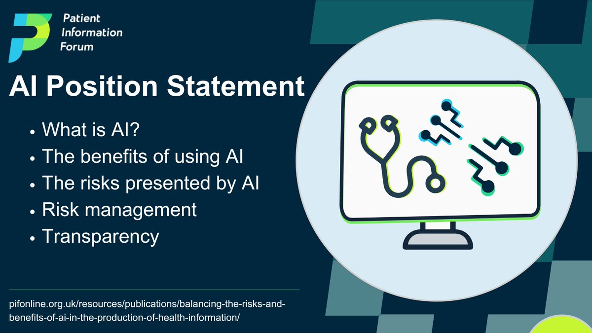 PIF has published a position statement on the use of #ArtificialInteligence in #HealthInformation.

Developed in collaboration with our #AI working group, it aims to help information producers understand the AI landscape and how to manage it. 

pifonline.org.uk/resources/publ…