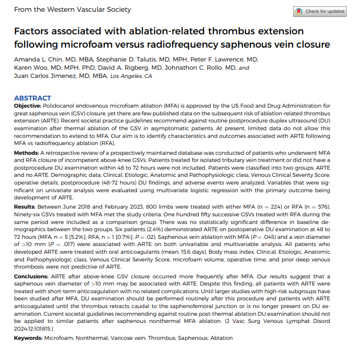 Our May issue articles are available! Today we are highlighting 'Factors associated with ablation-related thrombus extension following microfoam versus radiofrequency saphenous vein closure' out of @UCLAVascular Check it out here⬇️ jvsvenous.org/article/S2213-… #VenousEd #VascSurg
