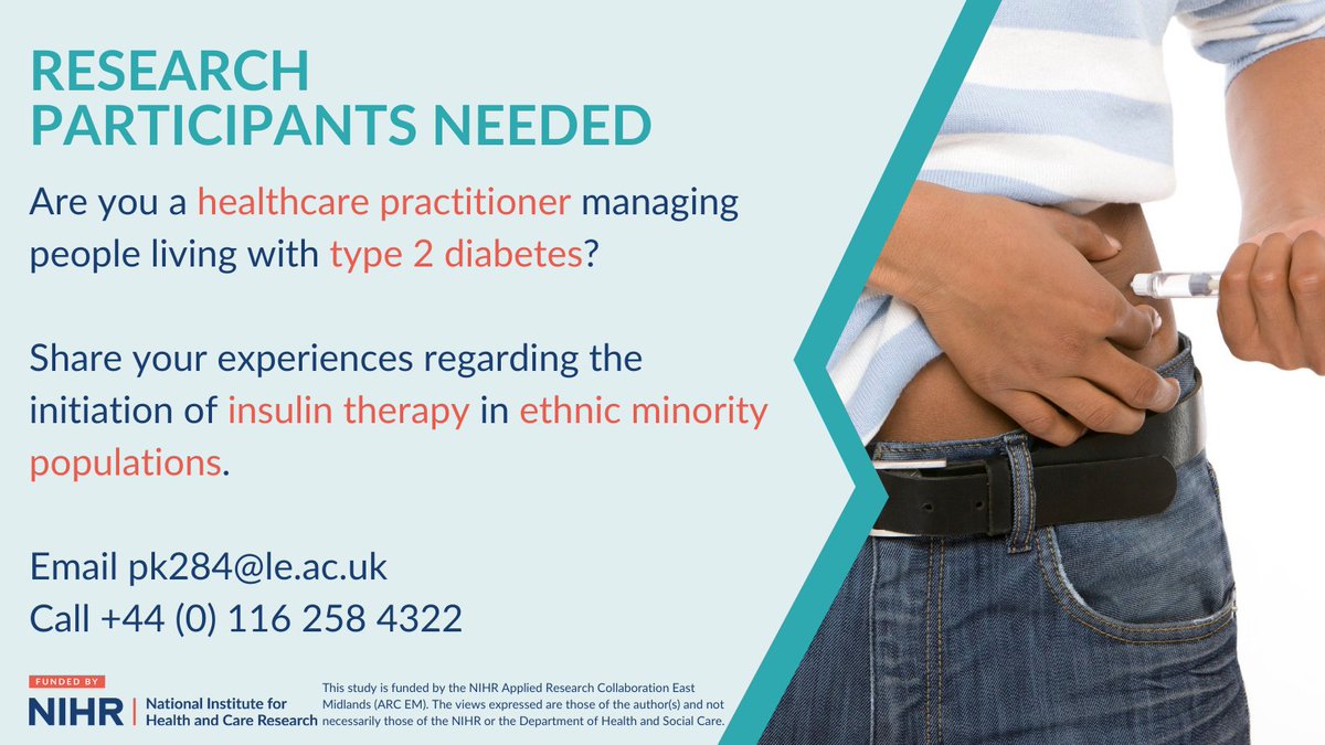 RESEARCH PARTICIPANTS NEEDED 📢 Healthcare practitioners managing people with #Type2Diabetes, we want your views on #insulin therapy for our important PhD study. ✉️Email: pk284@le.ac.uk to contribute. #BePartOfResearch @kamleshkhunti @AtkinsHelen @MichelleHadji @LDC_tweets