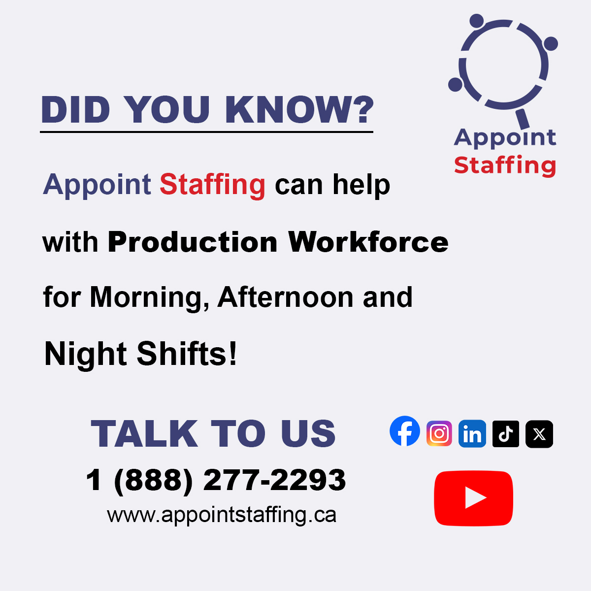 Appoint Staffing can help with Production Workforce for Morning, Afternoon and Evening Shifts.

#temps #production #warehouse #beststaffingagency #staffingsolutions #workforce #HR #AppointStaffing