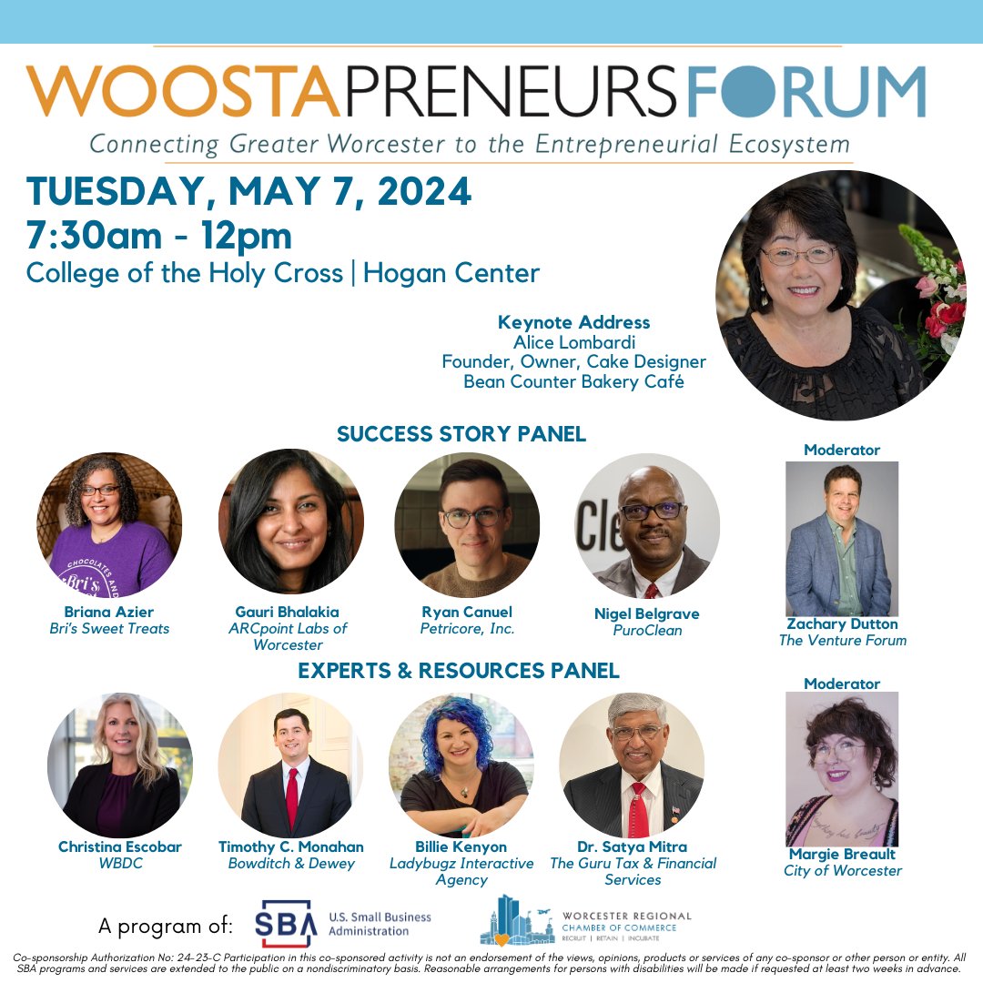 We're two weeks away from our upcoming Woostapreneurs Forum. Join us & @SBA_MA as we organize this event for the 9th year. The event intends to connect Greater Worcester to the entrepreneurship ecosystem & business resource providers within Central MA. zurl.co/4wJb