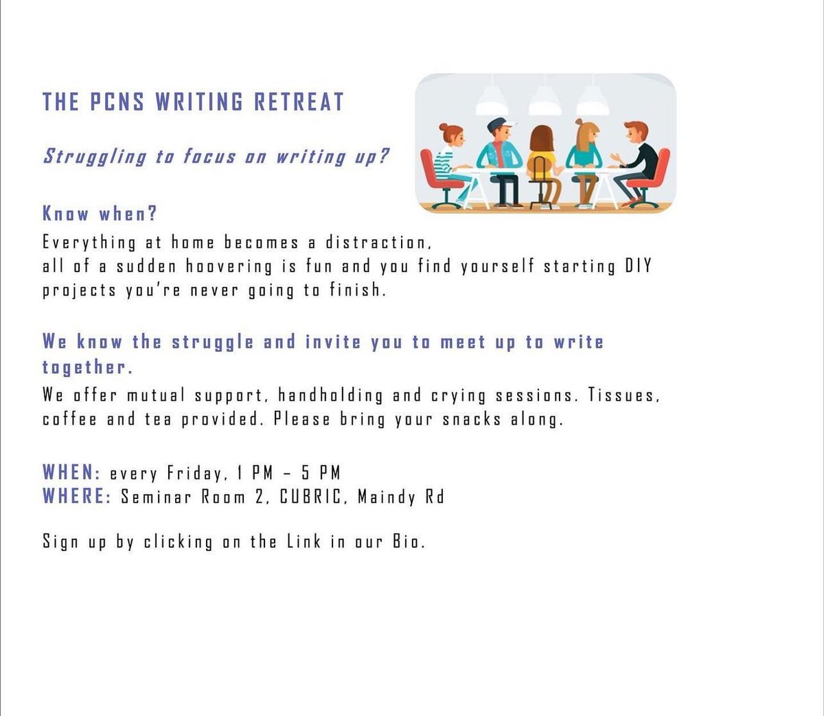 cardiffPCNS's tweet photo. We had a great writing session last Friday. Whether it’s thesis writing, publications, or planning, carve out some time to focus 🧠 

Sign up for our retreat this Friday to get some writing done: 

https://t.co/5knjgivXEl https://t.co/j9NzGs1Om8