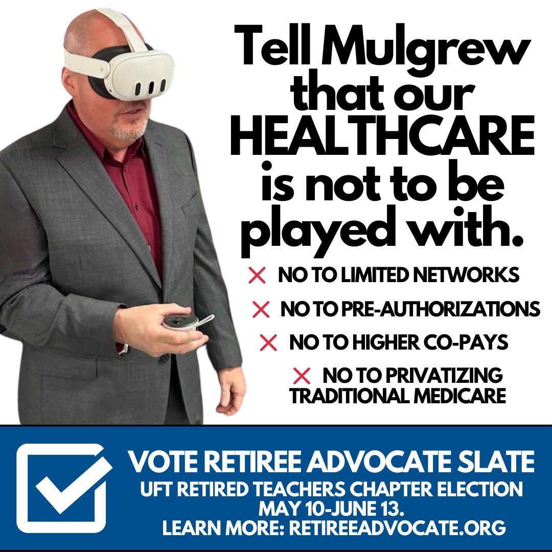 If you are a @UFT retiree or you know a UFT retiree, this next RETIRED TEACHERS CHAPTER (RTC) is a chance to take our union back from Mulgrew’s dangerous agenda with our healthcare. Vote for the RETIREE ADVOCATE SLATE for the RTC chapter. Voting takes place 5/10 to 6/13. Mail