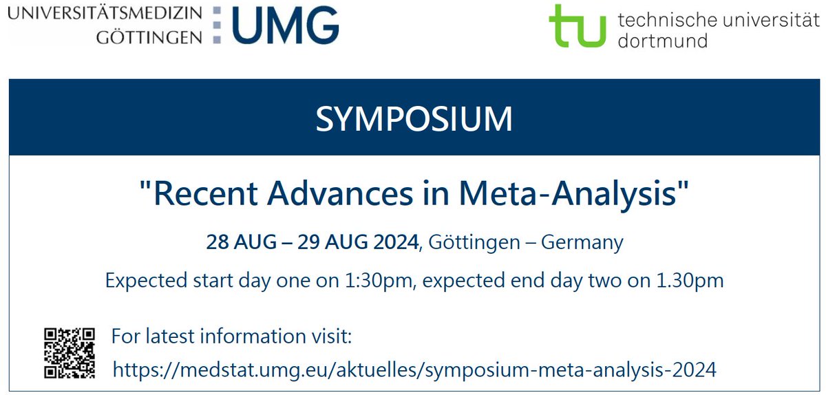 Tim Friede (@tim_friede) on Twitter photo SAVE THE DATE: Meta-analysis symposium in Göttingen from 28-29 AUG 24. Invited speakers include <a href="/AChaimani/">Anna Chaimani</a>, Katja Ickstadt (<a href="/TU_Dortmund/">TU Dortmund</a> ), Chris Schmid (<a href="/BrownBiostats/">Brown Biostatistics</a> ), <a href="/pablik007/">PD. Dr. Pablo E. Verde</a>, <a href="/wviechtb/">Wolfgang Viechtbauer</a> More information can be found at medstat.umg.eu/aktuelles/symp… <a href="/yourUMG/">Universitätsmedizin Göttingen (UMG)</a> <a href="/uniGoettingen/">Uni Göttingen</a> SAVE THE DATE: Meta-analysis symposium in Göttingen from 28-29 AUG 24. Invited speakers include <a href="/AChaimani/">Anna Chaimani</a>, Katja Ickstadt (<a href="/TU_Dortmund/">TU Dortmund</a> ), Chris Schmid (<a href="/BrownBiostats/">Brown Biostatistics</a> ), <a href="/pablik007/">PD. Dr. Pablo E. Verde</a>, <a href="/wviechtb/">Wolfgang Viechtbauer</a> More information can be found at medstat.umg.eu/aktuelles/symp… <a href="/yourUMG/">Universitätsmedizin Göttingen (UMG)</a> <a href="/uniGoettingen/">Uni Göttingen</a>