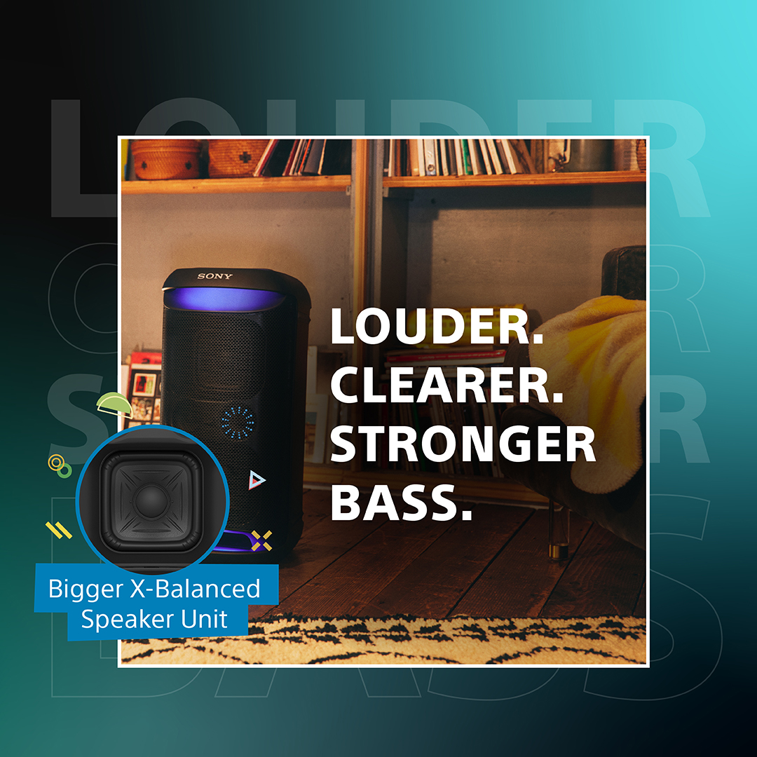 sony_india's tweet image. Bring the party anywhere with the new XV500. This versatile party speaker is now louder, with a bigger bass, in a smaller package. Elevate your party with karaoke features, ambient lights &amp;amp; a 25h battery life.

Shop now: bit.ly/3w4atUa

#LiveLifeLoud #TunedForIndia
