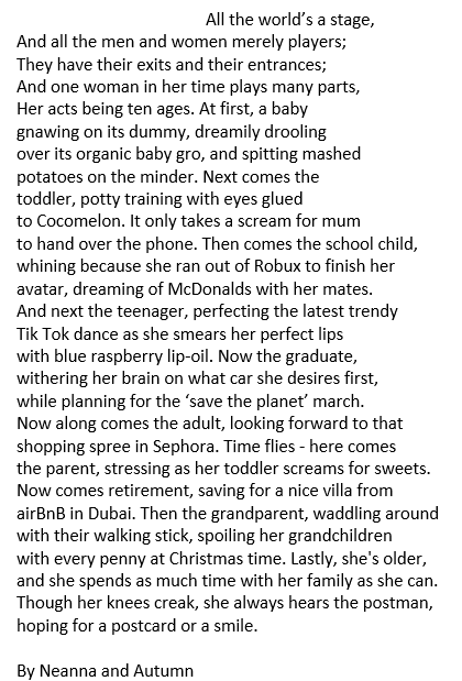 Dosbarth Draig had a blast this morning on #ShakespeareDay, writing their own versions of Jacques' Seven Ages of Man speech for the 2020s! Here's a fab example from Neanna & Autumn. Thanks @think_talk_org for the great #OpeningDoors ideas. @BobCox_SFE #coastlandspoets @PieCorbett