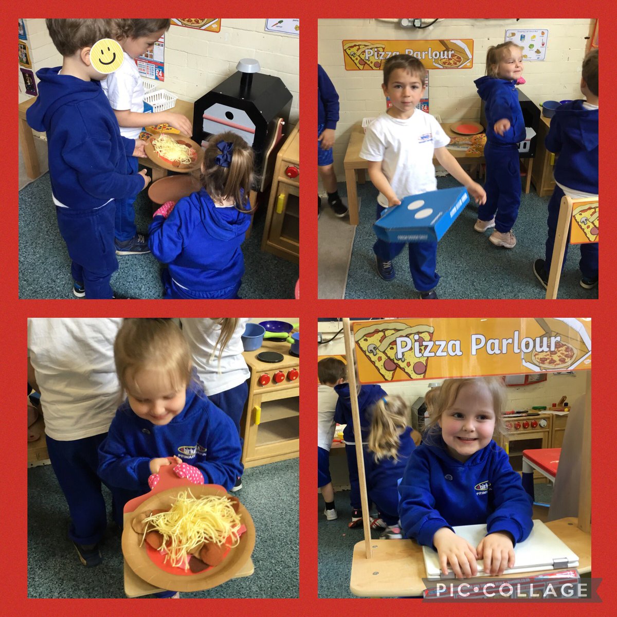 Anyone for 🍕? Our new role play area with a pizza oven was a pizza success today.  £10 if you want it delivered to your door 😂. Ham, cheese, tomato, mushroom….
