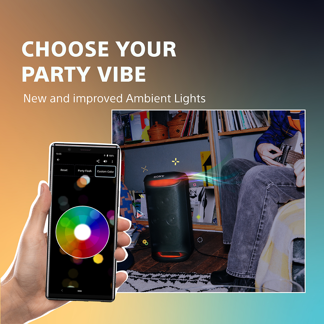 sony_india's tweet image. Bring the party anywhere with the new XV500. This versatile party speaker is now louder, with a bigger bass, in a smaller package. Elevate your party with karaoke features, ambient lights &amp;amp; a 25h battery life.

Shop now: bit.ly/3w4atUa

#LiveLifeLoud #TunedForIndia