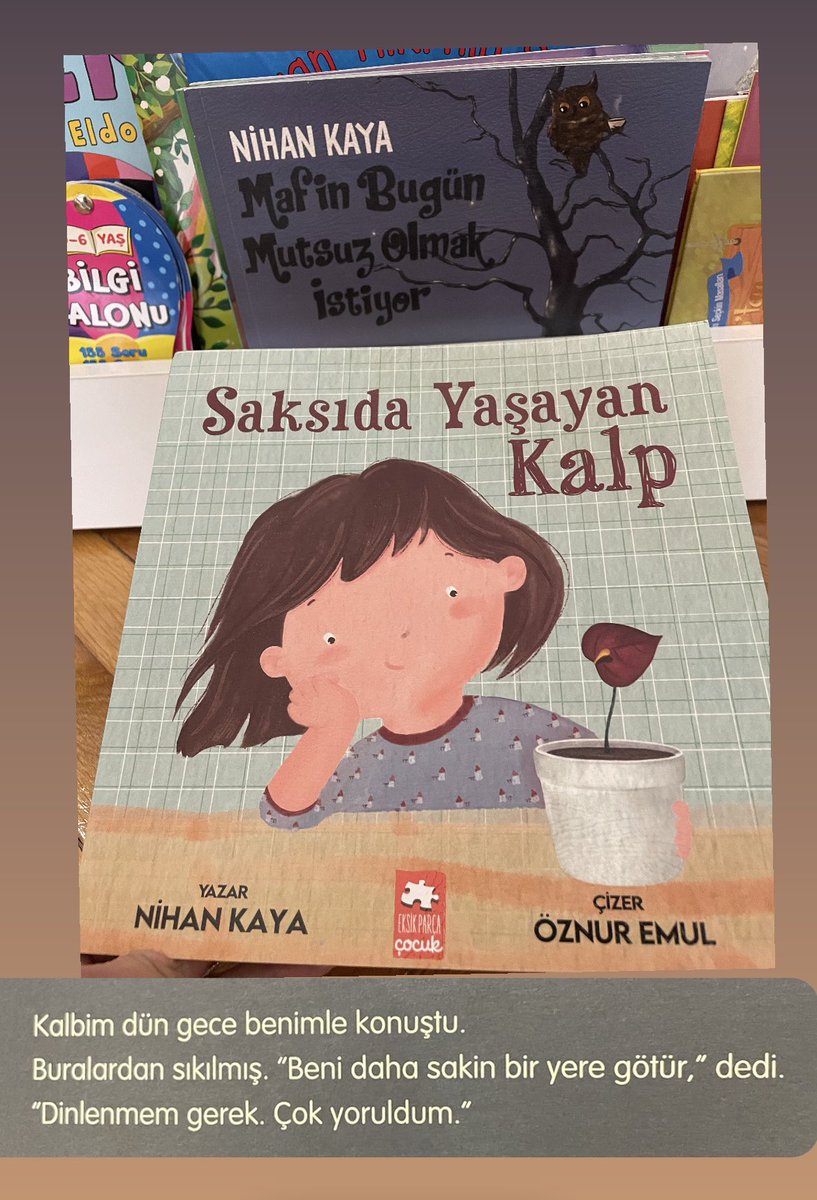 Bugün 6 yaşındaki minik danışanıma, Nihan Kaya’nın “Saksıda Yaşayan Kalp” isimli kitabını okudum.İnanılmaz güzel bir kitapdı.Okurken içimdeki çocukla da temas etti.Kalbimizle korumamız gereken bağ, çok güzel işlenmiş.Bu güzel kitap için çocuklar adına teşekkürler🌹 @nihanka